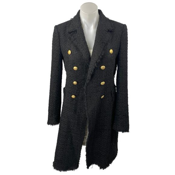 Zara Womens Black Tweed Fringe Double Breasted Military Trench Overcoat Jacket S - Picture 1 of 4